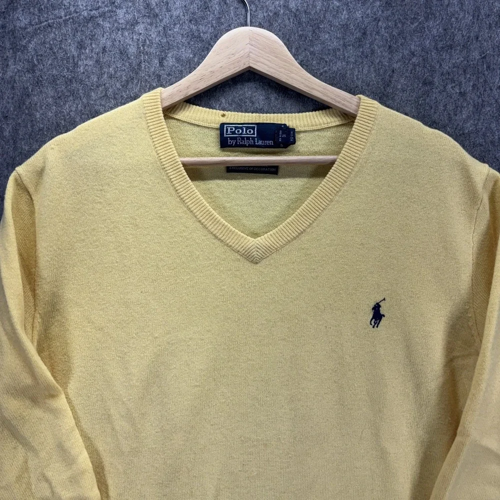 Vintage Polo Ralph Lauren 100% Merino Wool V Neck Sweater Butter Yellow Preppy